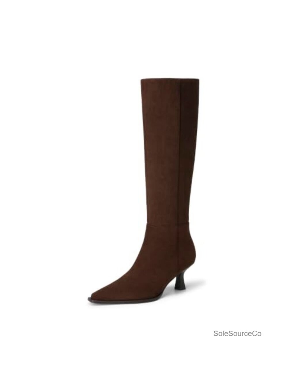 Kitten Heel Knee High Boots Pointy Toe Zip Up Faux Wood Heel Tall Boots
